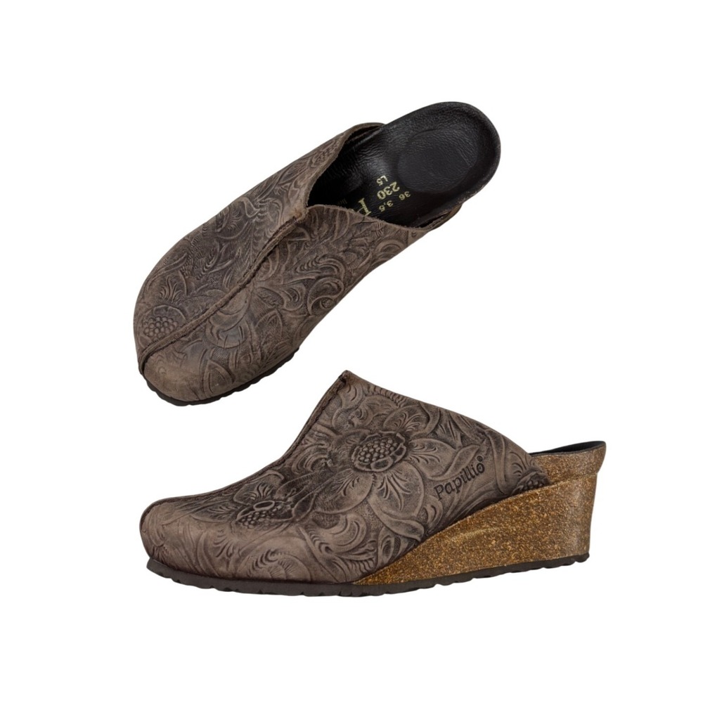 Papillio by Birkenstock Brown Floral Embossed Leather Cork Wedge Mules Womens 5